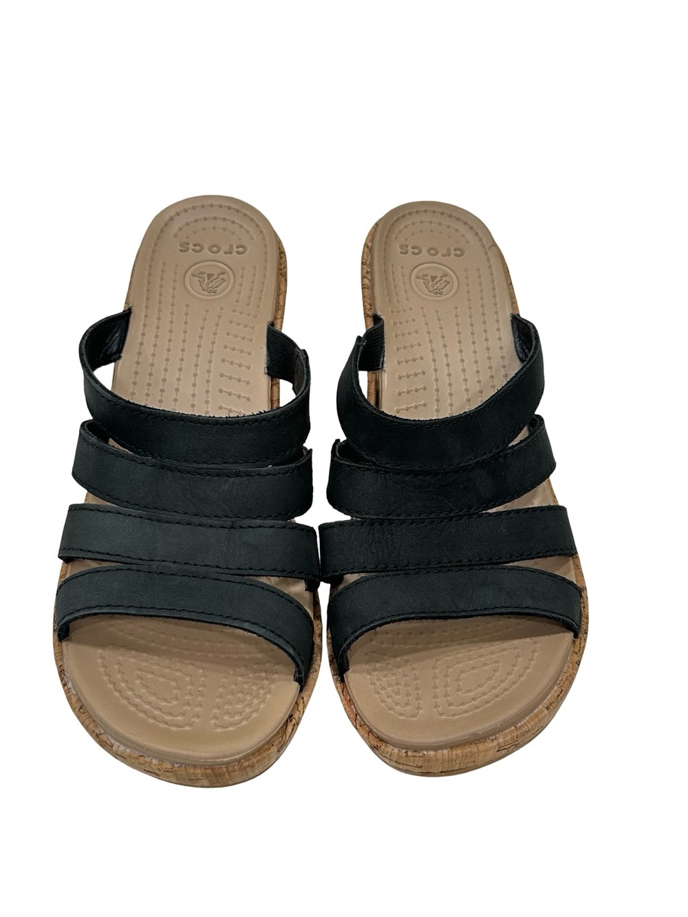 Crocs Black Strappy Stretch Cork Wedge Sandals Womenโs Size 8 Comfort Slides